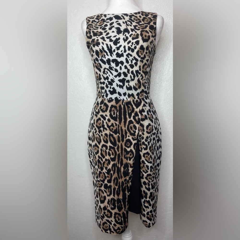 Cato Dress Sheath Animal Print Sleeveless Faux Wrap Scoop Neck Zipper Size 2